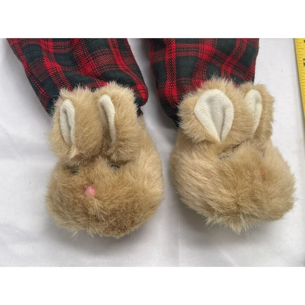 Vintage Teddy Bear in Plaid PJ bunny slippers sleeping cap red Stuffed Animal